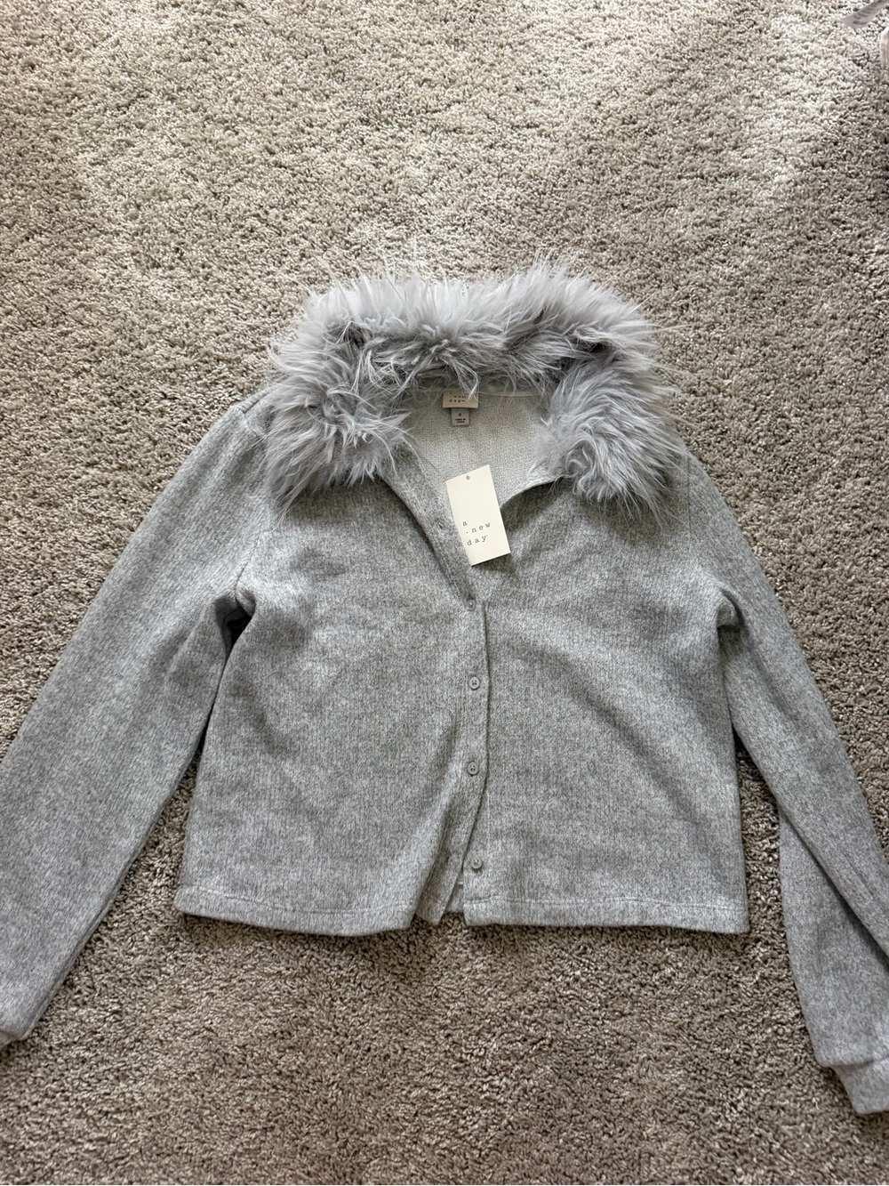 a new day Light Gray Faux Fur Trim Cardigan